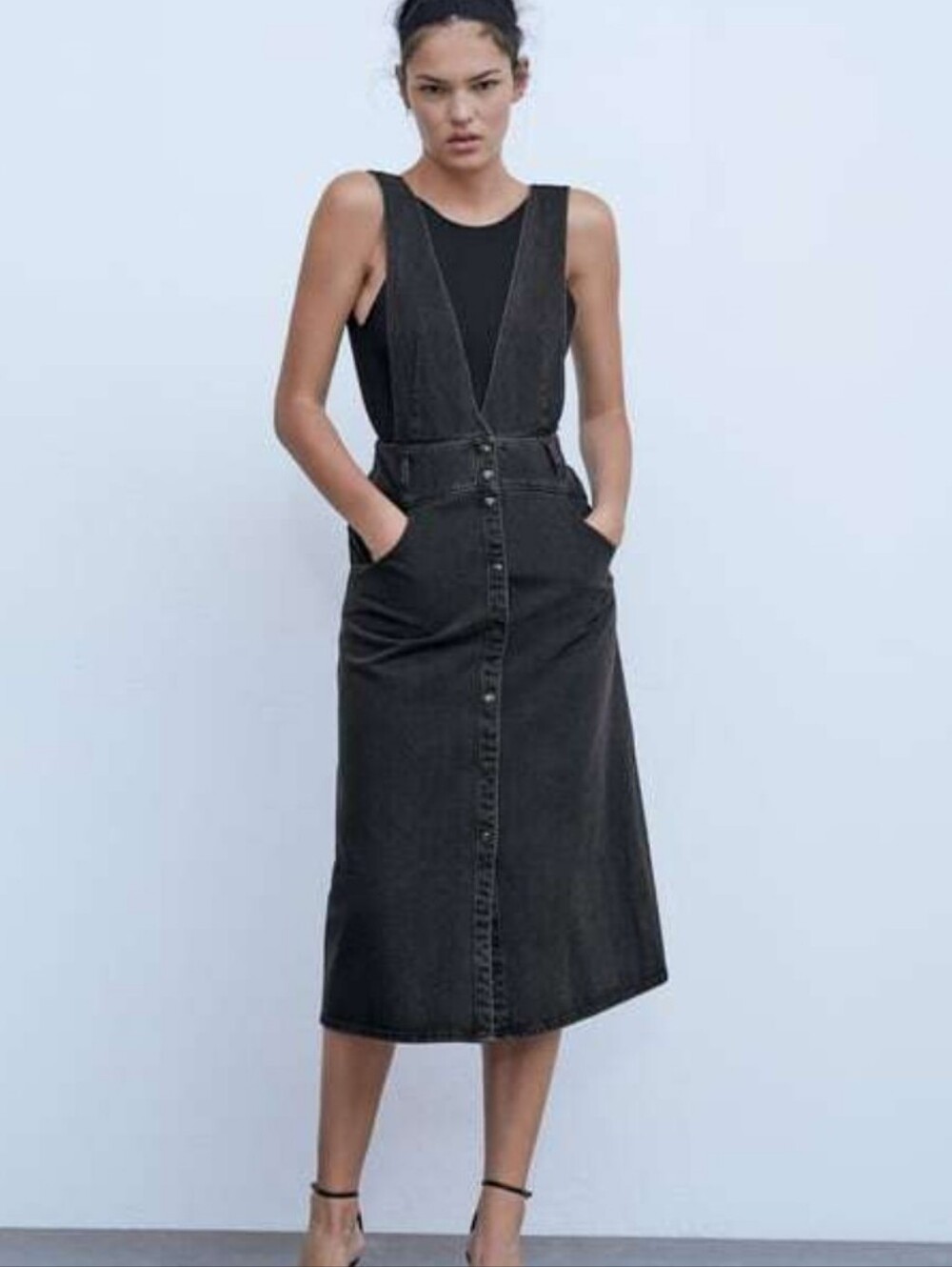 Zara Womens Black Denim Button Up Midi Dress Size X-Small
